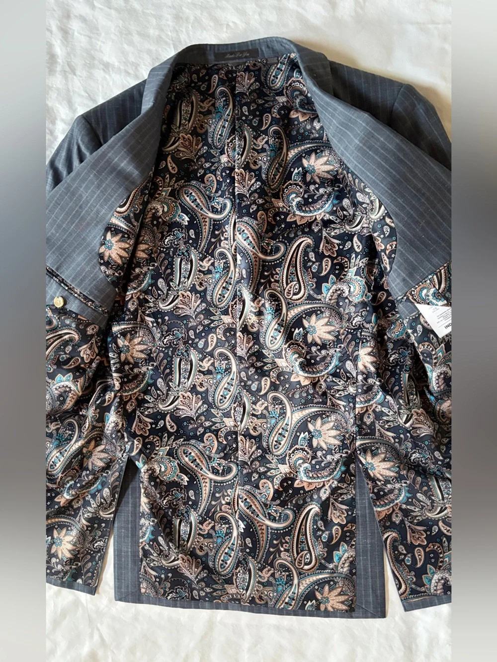 Indochino Made For You 42R Gray Pinstripe Wool Linen Silk Blazer Paisley Lined